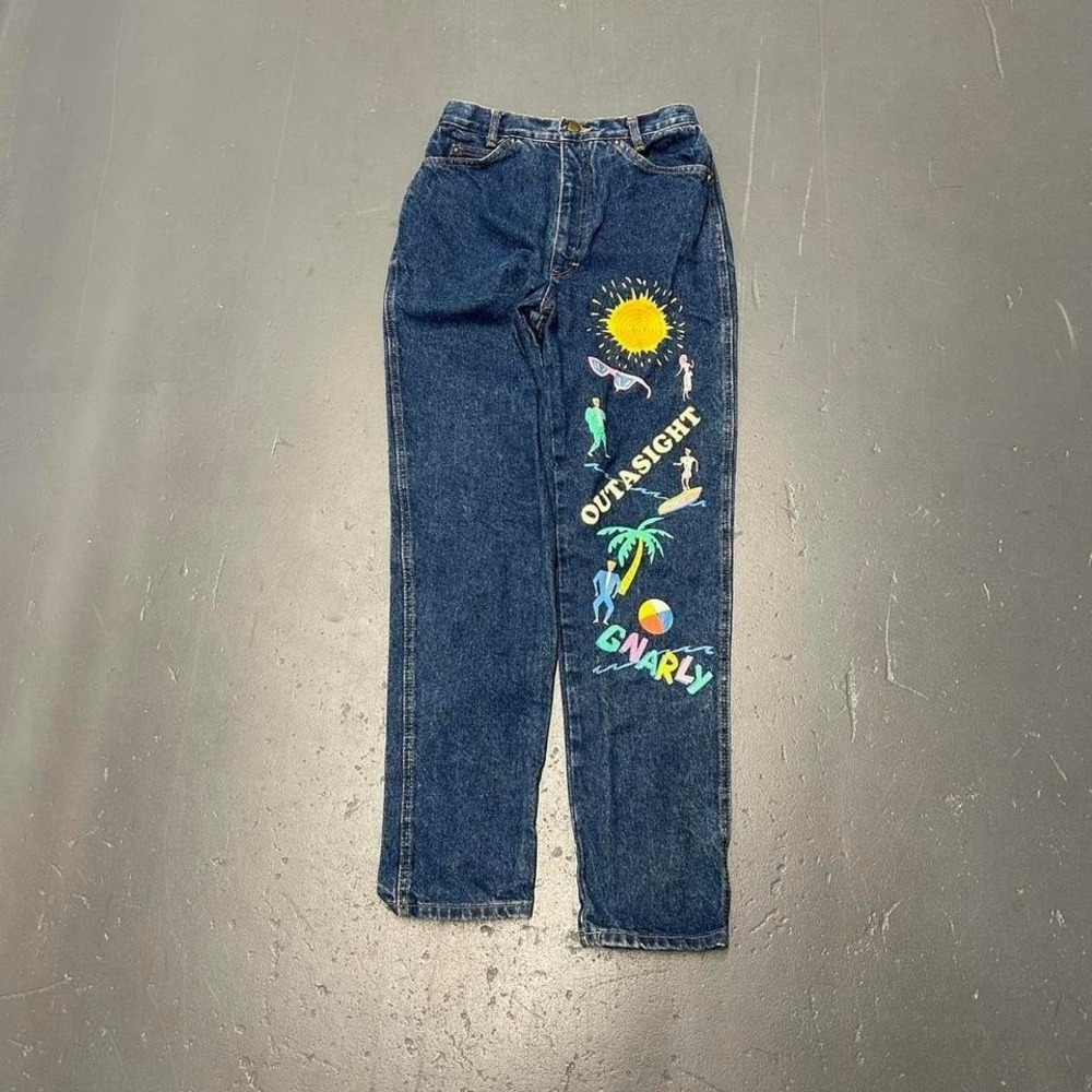 Vintage 90s women's painted surfer graphic straight leg tapered denim jeans - Picture 1 of 5
